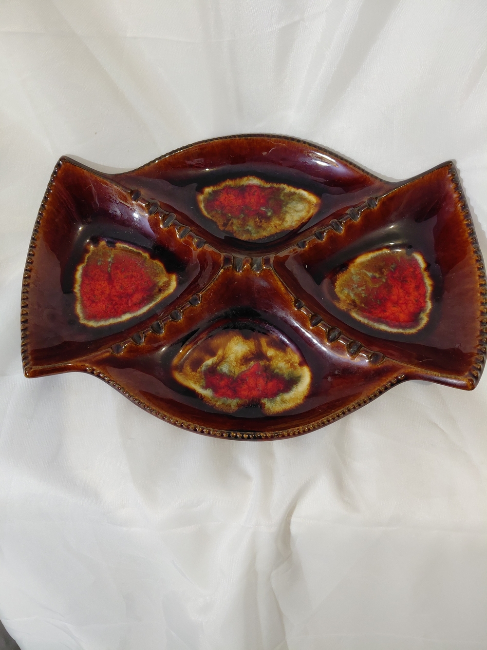 Hand-Glazed Ceramic Divided Dish in Brown and Red
